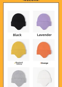Collage of knit earflap beanies in black, purple, yellow, red, grey and white colors