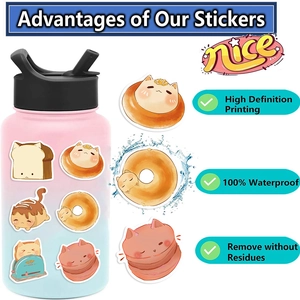 Waterproof cartoon cat food stickers showing HD printing on a gradient water bottle