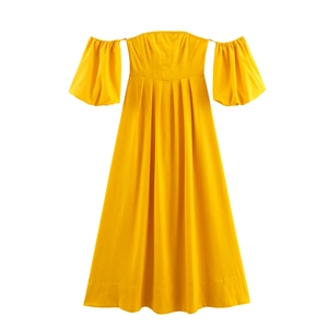 Elegant Off Shoulder Puff Sleeve Maxi Dress High Waist Solid Yellow Polyester A-Line Long Flowy Evening Party Dress