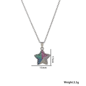 Pentagram necklace with colorful crystals and silver finish shown with dimensions