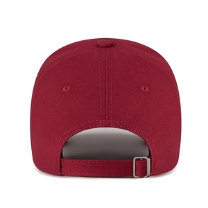 Back view of a washed cotton baseball cap in burgundy with an adjustable metal buckle