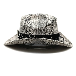 Close-up of grey snakeskin pattern cowboy hat with studded black band and wide brim