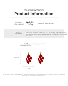 Size chart for red acrylic petal tassel earrings detailing dimensions and material specs