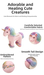 Detail of pink unicorn plush with rainbow mane and Wisdom embroidery on side