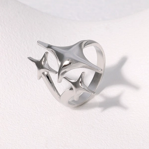 Polished silver stainless steel ring with minimalist star design on white background