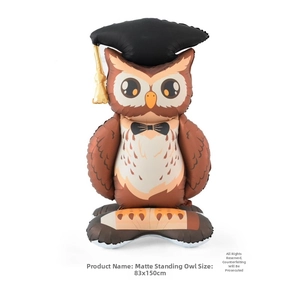 Standing matte owl graduation balloon wearing a black mortarboard, measures 83x150cm