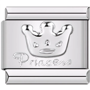 Macro shot of silver stainless steel charm featuring embossed crown and Princess text
