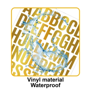 Close-up of waterproof golden vinyl alphabet stickers showing high-end metallic texture