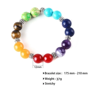 Chakra yoga bracelet with 12mm colorful natural stone beads and silver floral spacers