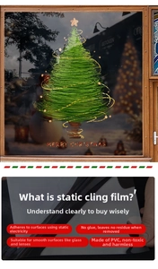 Detail of PVC static Christmas tree window sticker with Merry Christmas text on glass