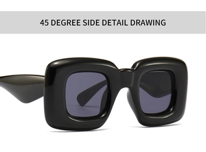 Detailed 45-degree side view of thick black square sunglasses with glossy finish frames