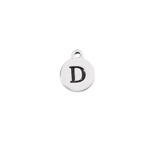 Detailed view of silver stainless steel round pendant with engraved black letter D