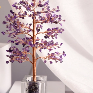 Handmade purple crystal money tree with copper wire branches in a square glass base