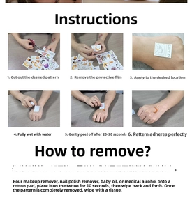 Step-by-step visual guide for applying and removing waterproof animal tattoo stickers
