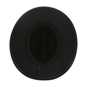Top down macro view of a classic black wide brim wool fedora hat with a flat top crown