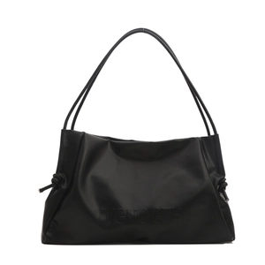 Minimalist black PU leather tote bag for women featuring drawstring knots and logo