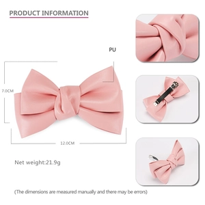 Pink PU leather bow hair clip for women with dimensions 12x7cm and spring fastener