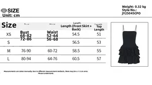 Detailed size guide table for backless ruffle strap dress with measurements in cm