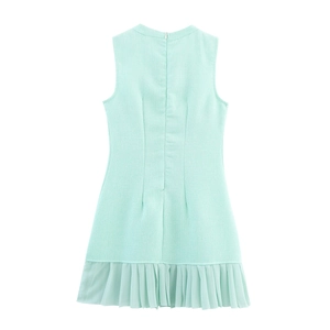 Back view of mint green sleeveless tweed dress with pleated hem and hidden back zipper