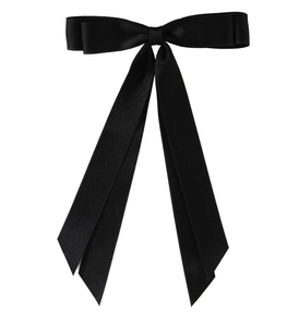 Detailed view of 2.5cm double-layer black satin ribbon bow clip with long tails