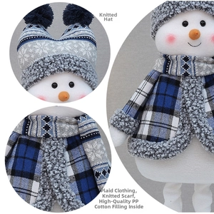 Detail of plush snowman with blue checkered fabric and soft PP cotton filling material