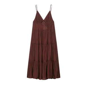 Chocolate brown tiered maxi dress with thin straps and layered skirt on white background