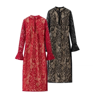 Robe Maxi En Dentelle Élégante Col Montant Goutte D'eau Manches Longues Évasées Moulante Soirée Femmes