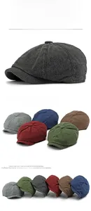 Detailed grid of herringbone newsboy hats in six classic colors including grey and wine red