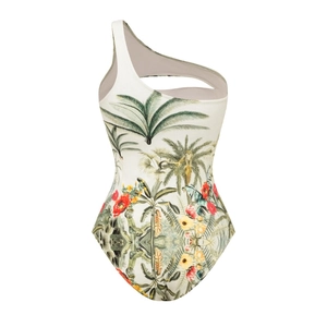 Close-up of tropical jungle print with monkey and palm leaves on one shoulder swimsuit