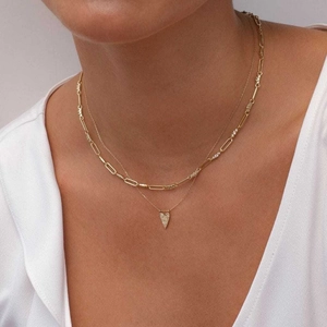 Double-layer gold plated S925 silver necklace with paperclip chain and heart charm