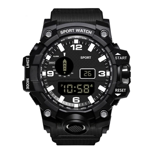 Men's outdoor sports electronic watch with dual display and shock resistant black resin strap