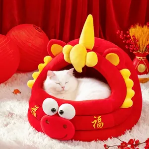 Cat Bed House Lunar New Year Red Plush Warm Semi Enclosed Winter Pet Nest Auspicious Festive Design For Indoor Cats Dogs