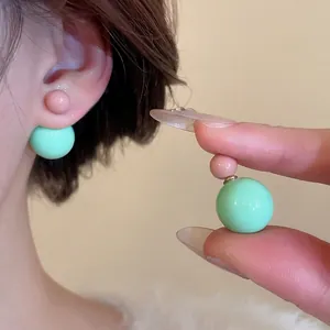 Elegant double bead resin earrings in pink and mint green macaron color style