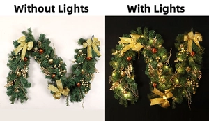 Comparison of golden Christmas wreath with PVC foliage in lighted and non-lighted modes