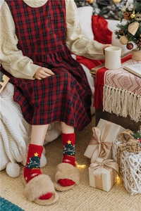 Close-up of cozy Christmas outfit with red tree socks and plush faux fur slippers