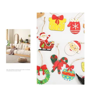 Macro detail of various colorful wooden Christmas ornaments with natural twine hangers