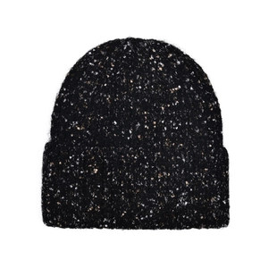 Close-up of black speckled knit beanie with soft texture and warm winter ear protection
