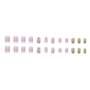 Short square false nails with pink gradient, 3D flowers, and gold glitter accents