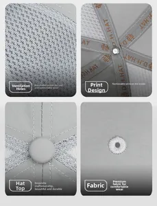 Detailed views of grey mesh cap showing breathable fabric, inner logo tape, and stitching