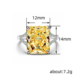 Luxurious four-claw ring with 12x14mm yellow radiant cut zircon and side accent stones