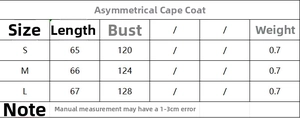 Gedetailleerde maattabel voor asymmetrische gebreide poncho met afmetingen in cm