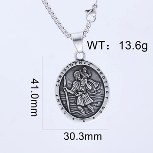 Detailed view of Saint Christopher medal in silver steel with embossed religious engraving