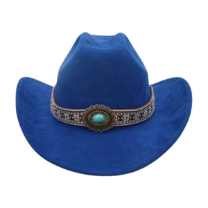 Close-up of deep blue felt cowboy hat with turquoise stone and ethnic ribbon detail