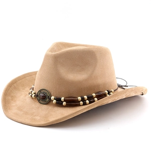 Chapeau de cowboy classique en daim camel avec bande perlée et badge en bronze vintage