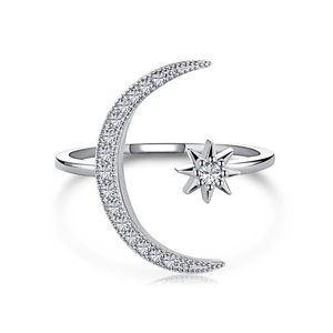 Elegant S925 sterling silver open ring featuring sparkling star and crescent moon designs