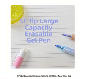 Detail of retractable erasable gel pens with ST tip showing blue ink writing on paper
