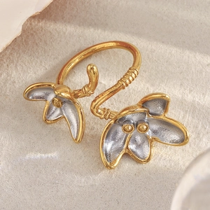 Two-tone 18K gold plated stainless steel flower open ring with brushed silver petals