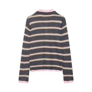 Striped long sleeve knit polo sweater with pink trim and back view on white background