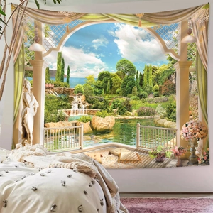 Detail view of 3D European archway garden landscape tapestry on a white bedroom wall
