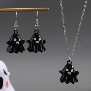 Halloween ghost jewelry set featuring black enamel pendant necklace and matching earrings